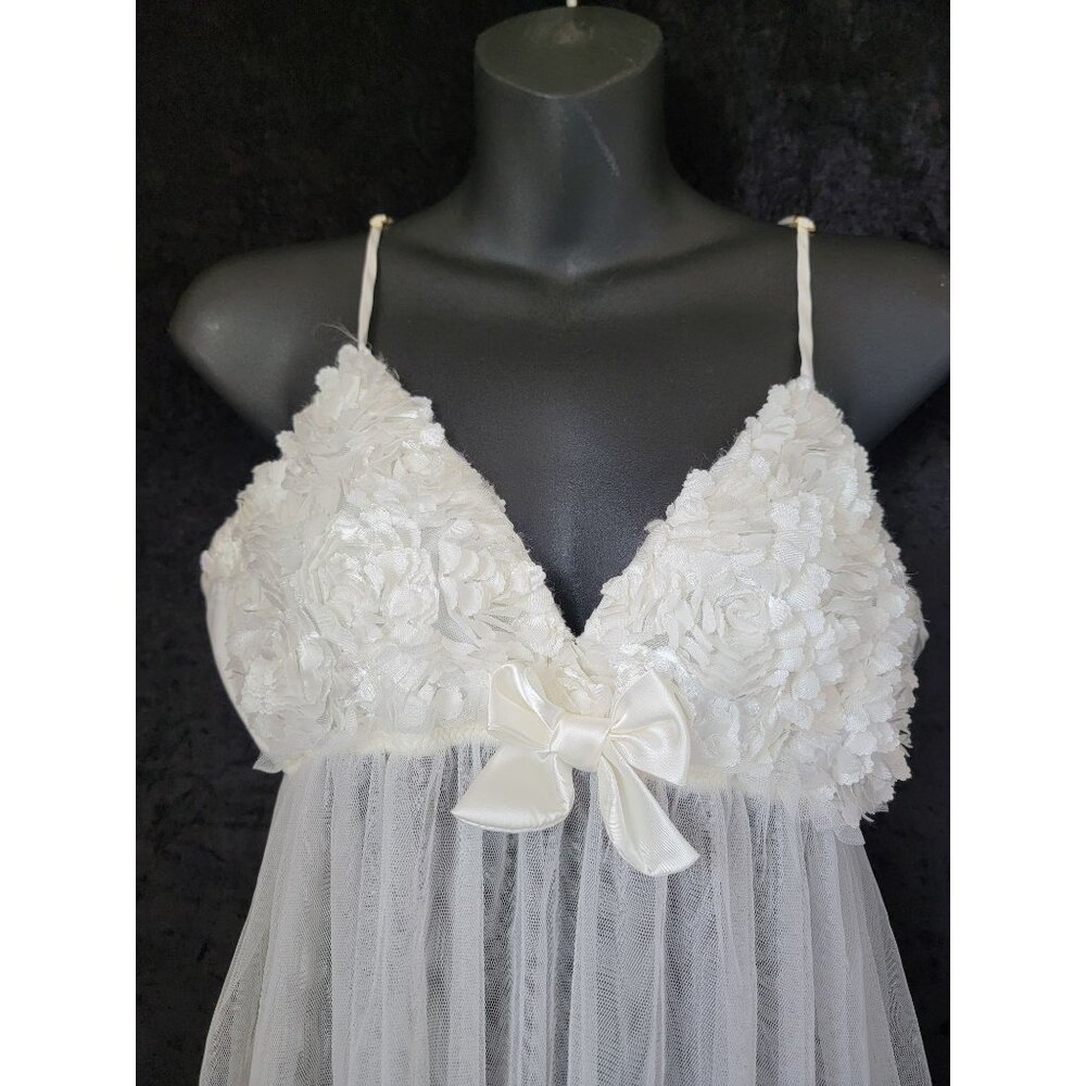 FLORA NIKROOZ Bellflower White Floral Lace & Sheer Babydoll Lingerie Gown Sz L - Picture 3 of 8